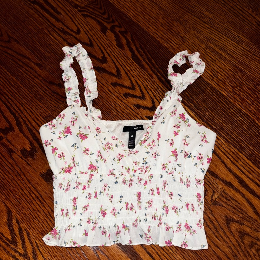 Aqua White Floral Smocked Blouse